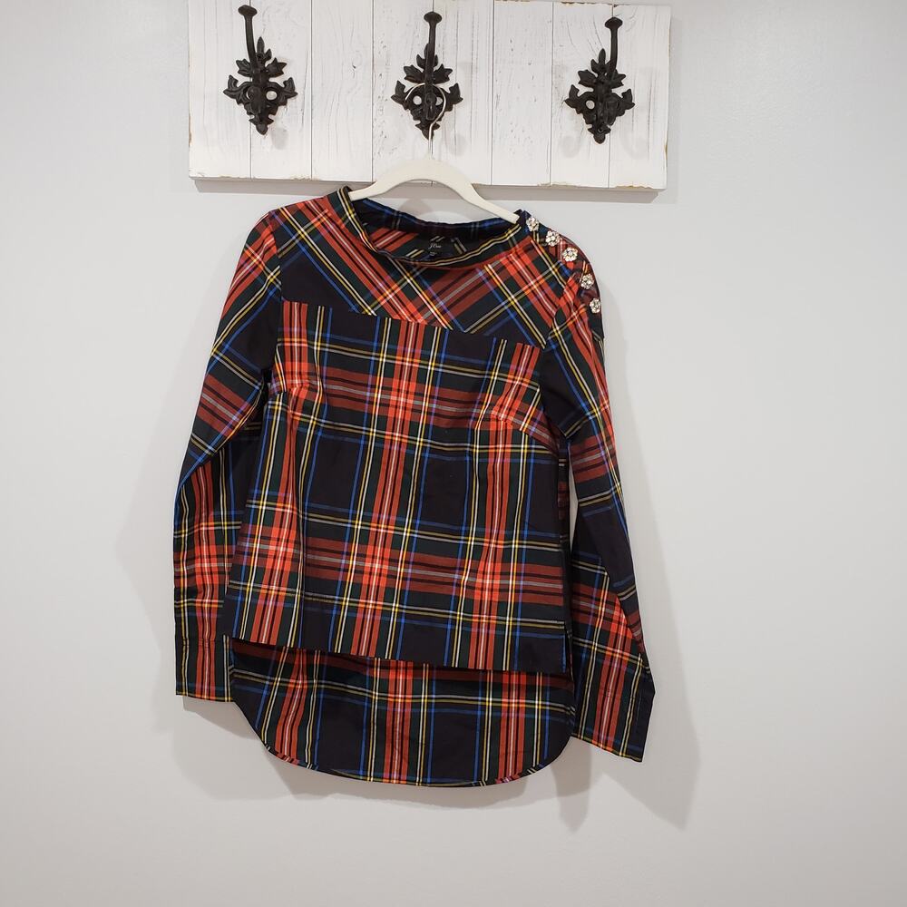J.Crew Stewart Tartan Jeweled Funnelneck Shirt 0